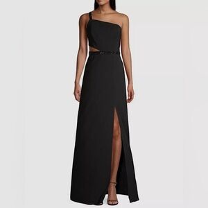 NWT Aidan by Aidan Mattox Black Crepe Beaded One Shoulder Maxi Gown - Size 0